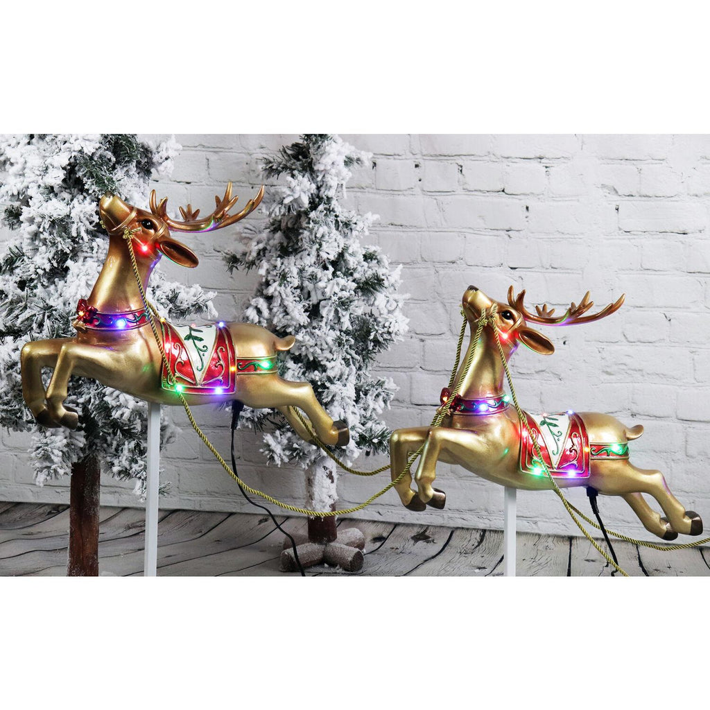 Fraser Hill Farm Indoor/Outdoor Oversized Christmas Decor with Long-Lasting LED Lights, Santa Sleigh and Flying Reindeer 3-Piece Set
