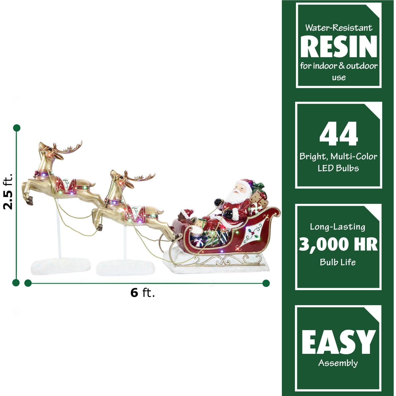 Fraser Hill Farm Indoor/Outdoor Oversized Christmas Decor with Long-Lasting LED Lights, Santa Sleigh and Flying Reindeer 3-Piece Set