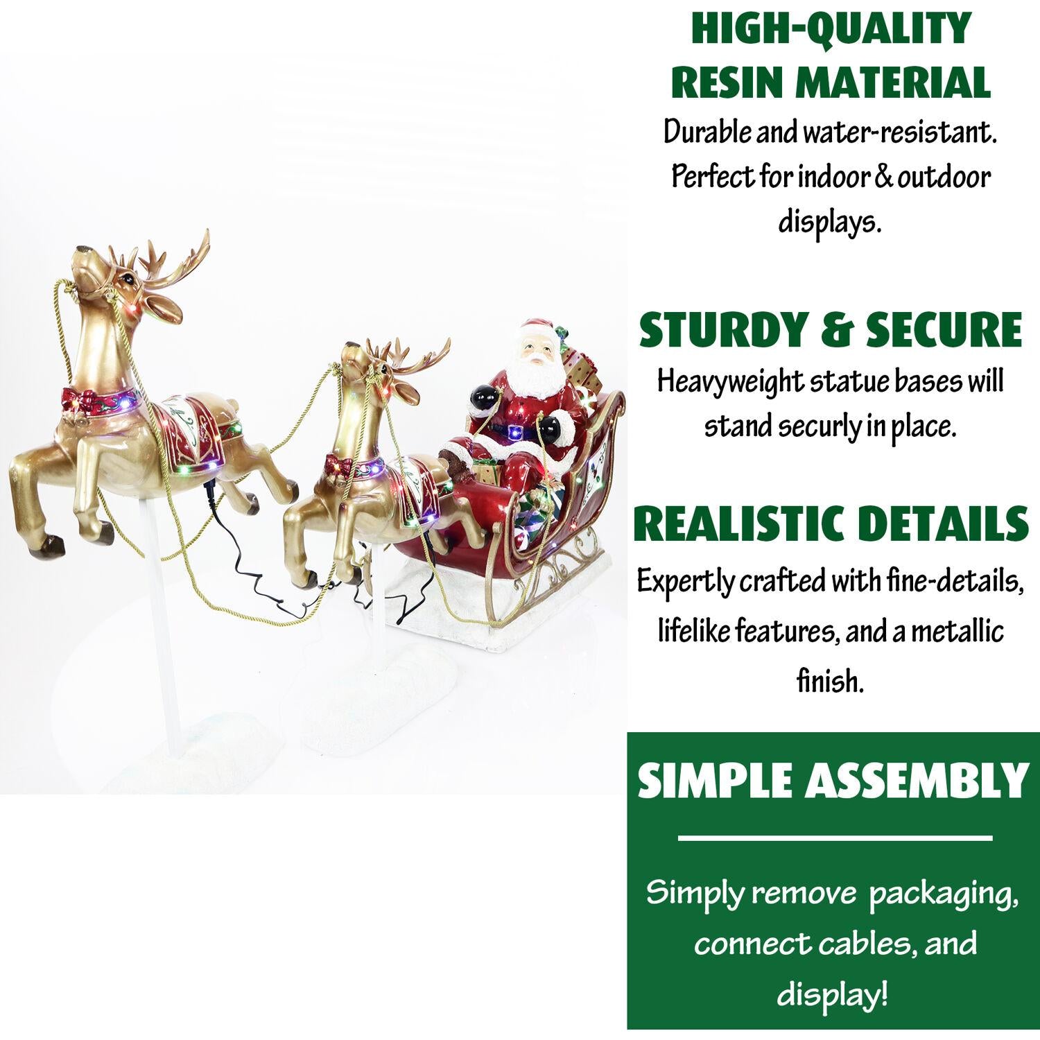 Fraser Hill Farm Indoor/Outdoor Oversized Christmas Decor with Long-Lasting LED Lights, Santa Sleigh and Flying Reindeer 3-Piece Set