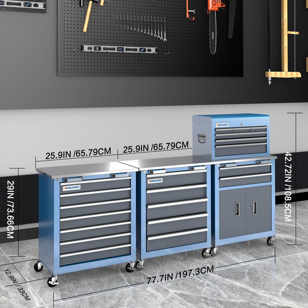 20 Drawer Rolling Tool Chest Combo,Tool Cabinet with  Countertop, Modular Tool Chest with LocDrawers and Connection Parts, 360° Swivel BraWheels & Padded Feet, Blue