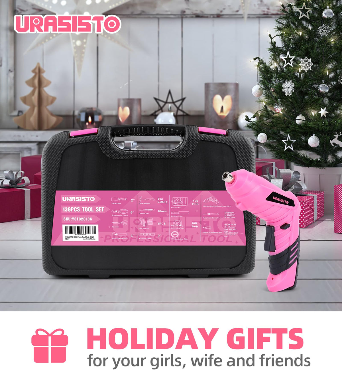 Pink Household Tool Set with 3.6V USB Electric Screwdriver, 136 PCS Home Tool Kit with Cordless Lithium-ion Drill Driver, Hand Tool Kits for Women