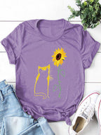 Cat Print Round Neck Short-sleeved T-shirt