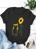 Cat Print Round Neck Short-sleeved T-shirt