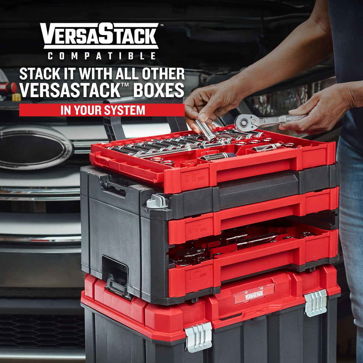 230 Pcs Mechanics Tool Set, Socket Wrench Set, Car Tool Kit with VERSASTACK Toolbox, SAE and Metric,1/4 in, 3/8 in, and 1/2 Drive, Short and Long Arm Hex Keys (CMMT45306)