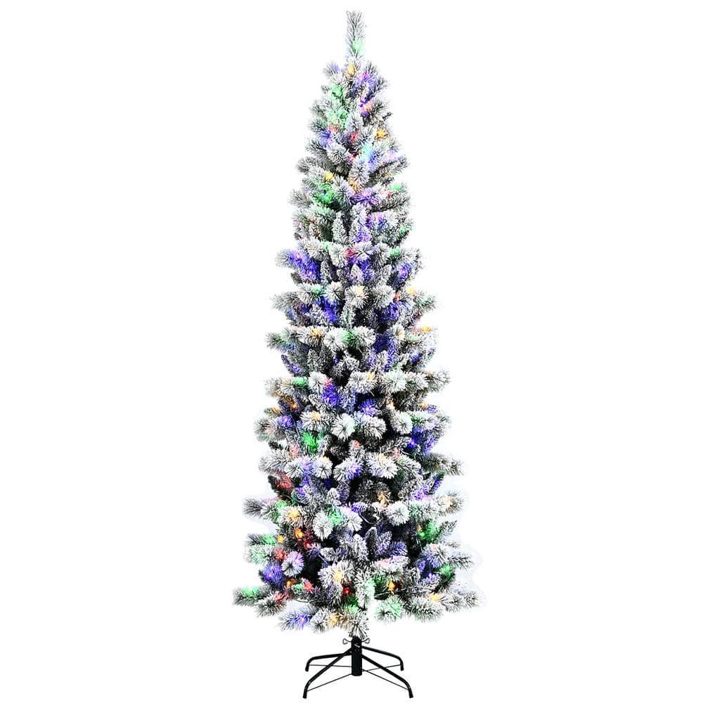 8 ft. Pre-Lit Hinged Artificial Christmas Tree Snow Flocked with 9 Modes Remote Control Lights