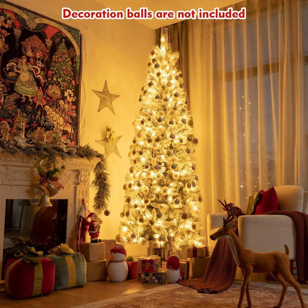 8 ft. Pre-Lit Hinged Artificial Christmas Tree Snow Flocked with 9 Modes Remote Control Lights