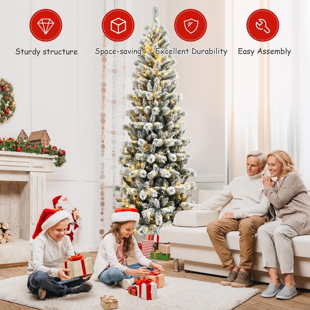 8 ft. Pre-Lit Hinged Artificial Christmas Tree Snow Flocked with 9 Modes Remote Control Lights