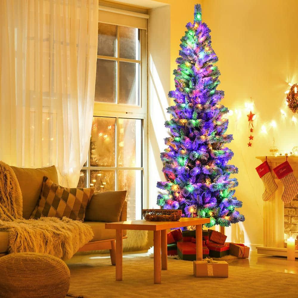 8 ft. Pre-Lit Hinged Artificial Christmas Tree Snow Flocked with 9 Modes Remote Control Lights