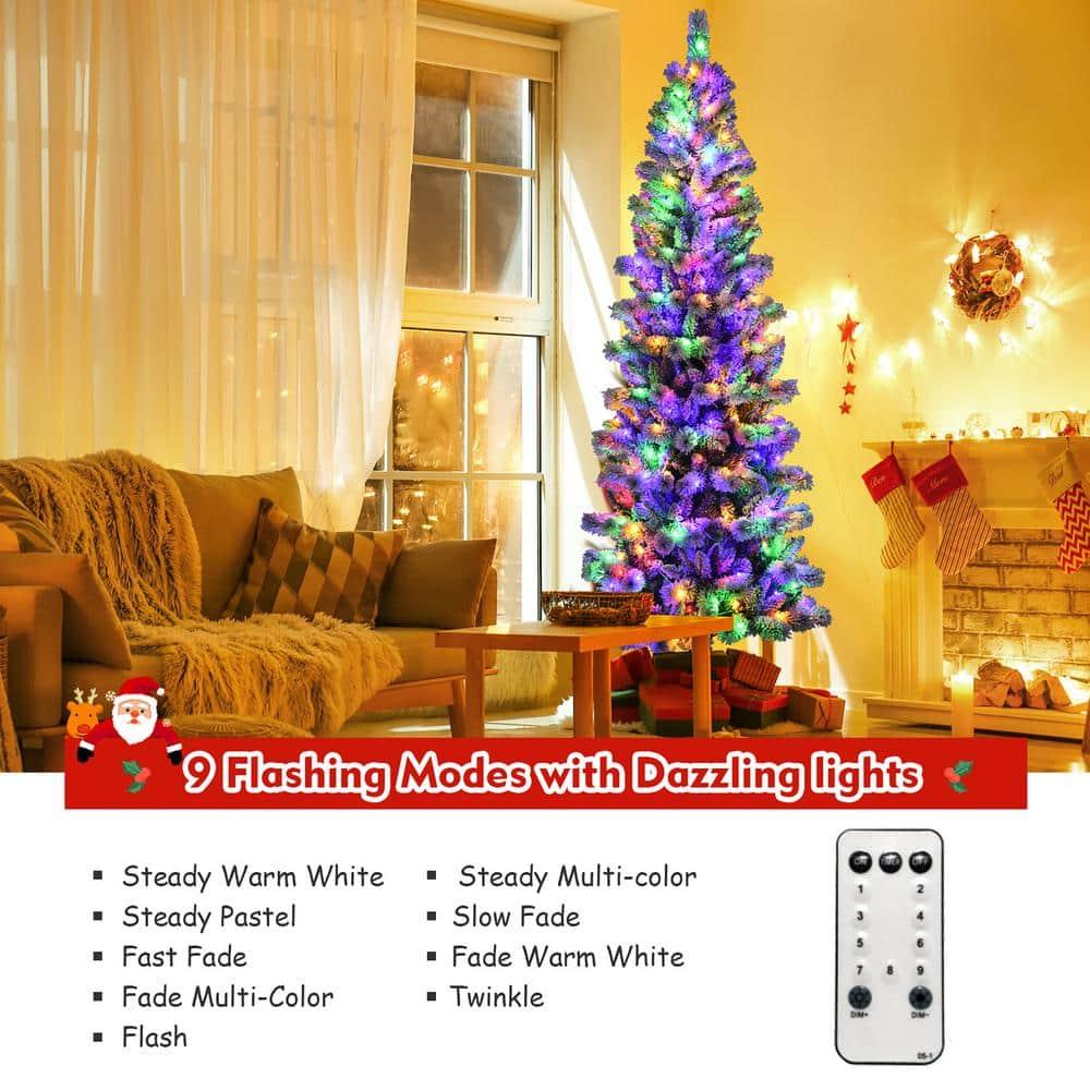 8 ft. Pre-Lit Hinged Artificial Christmas Tree Snow Flocked with 9 Modes Remote Control Lights