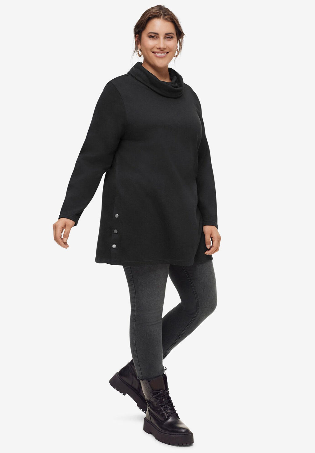side-snap cowl neck sweatshirt tunic