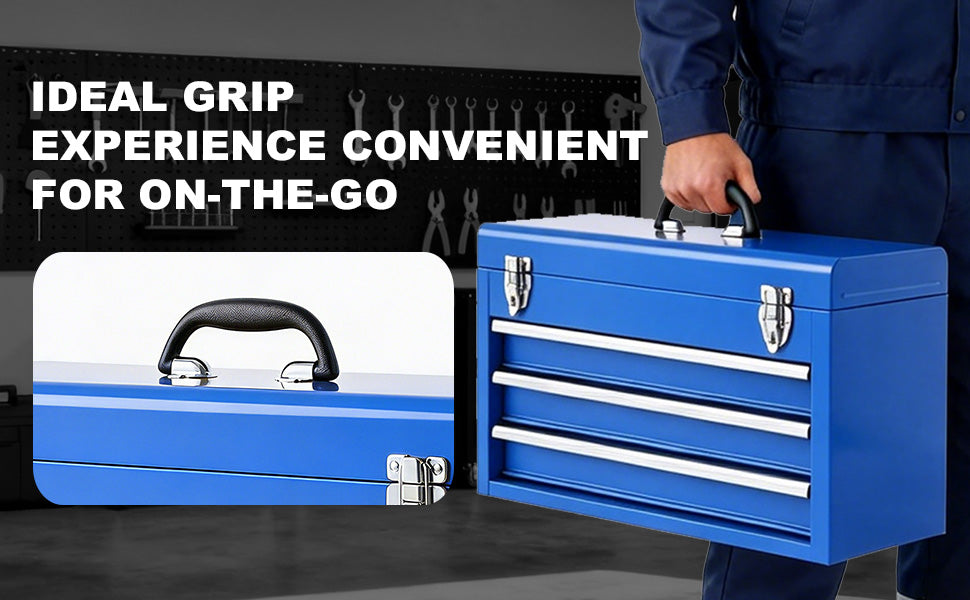 ANTBD133-XU  3 Drawer 20.5" Portable Metal Tool Box: Ball-Bearing Slides and 2 Metal Latches for Secure Closure in Garage, Home or Workbench, Blue