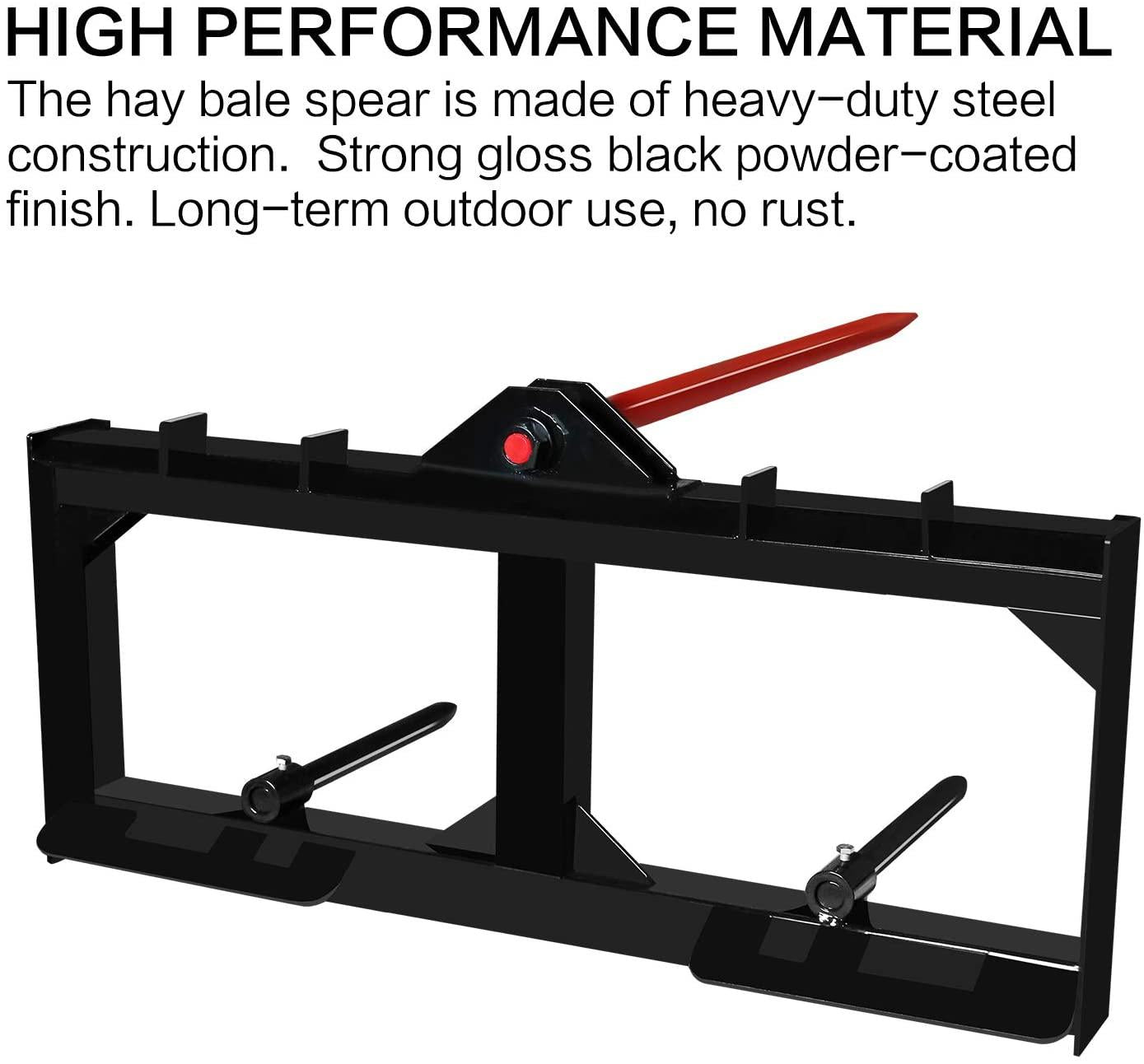 ebesttech 49 inch tractor hay spear attachment 3000lbs spike skid steer quick attach bobcat tractors with 1pc red hay spear + 2pcs black stabilizer spears spike fork tine