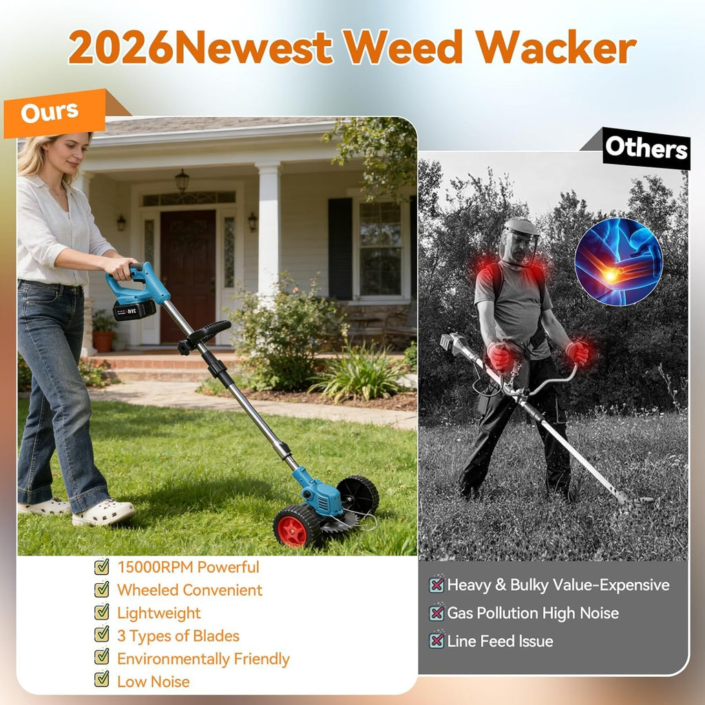 Electric Weed Wacker,Cordless Weed Eater 20000R,Battery Powered, 4-in-1 Brush Cutter with Wheel,Lawn Mower for Grass, 6 inch String Trimmer for Shrubs, Weeds,Weed Trimmer for Garden Yard
