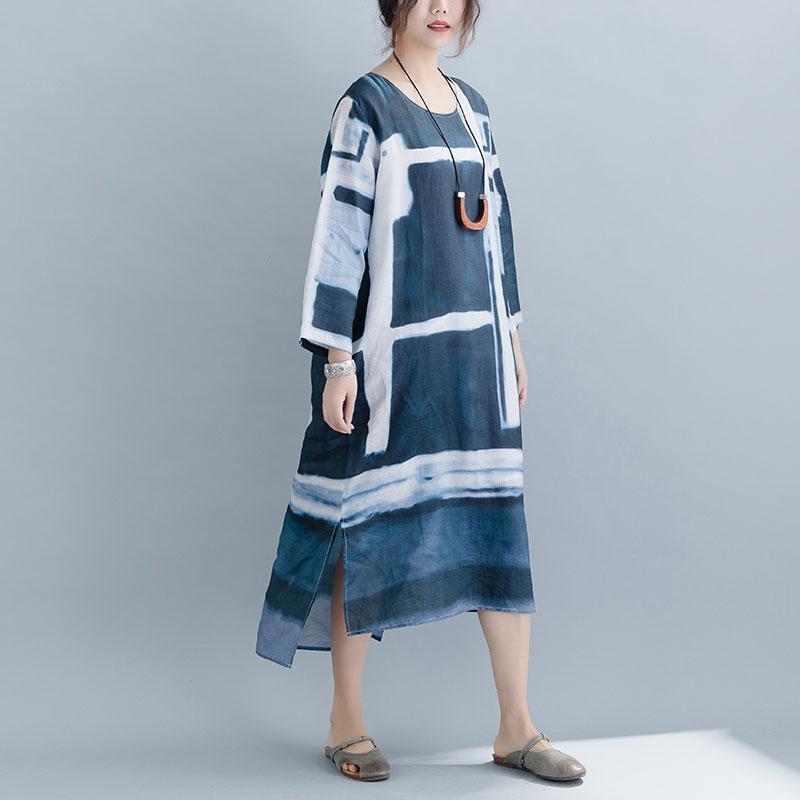 Blue Printed Split Maxi Long Sleeve Dress