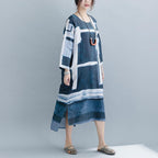 Blue Printed Split Maxi Long Sleeve Dress