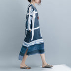 Blue Printed Split Maxi Long Sleeve Dress