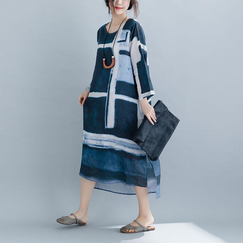 Blue Printed Split Maxi Long Sleeve Dress