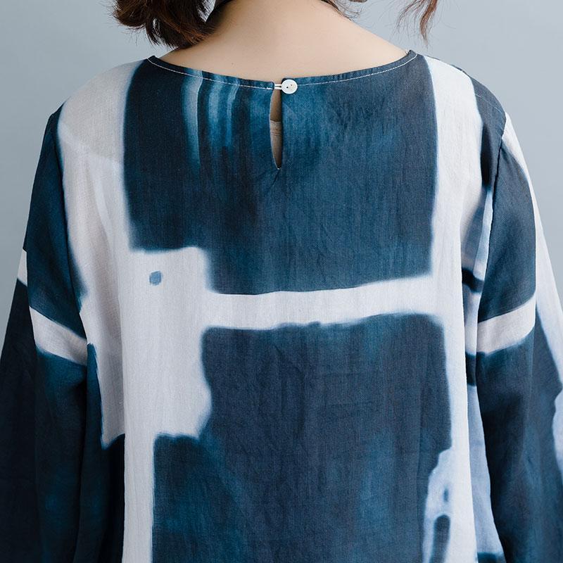 Blue Printed Split Maxi Long Sleeve Dress