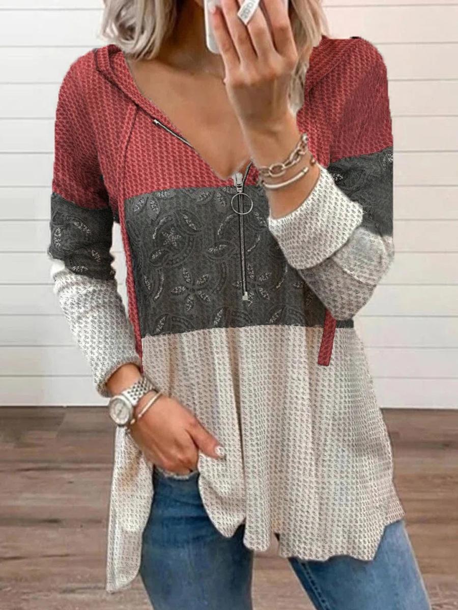 Contrasting Print Casual Zipper Long-sleeved T-shirt