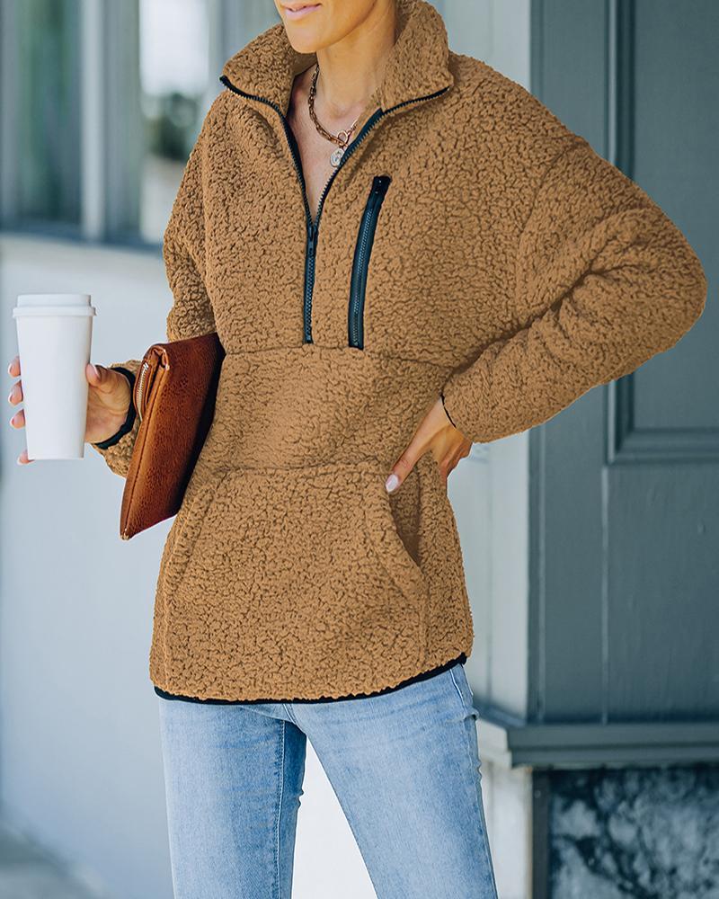 pocket zipper design high neck fluffy sweatshirt