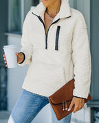 pocket zipper design high neck fluffy sweatshirt