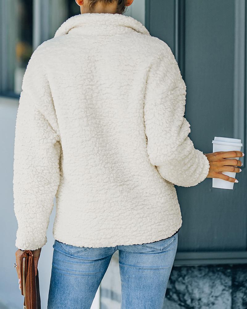 pocket zipper design high neck fluffy sweatshirt