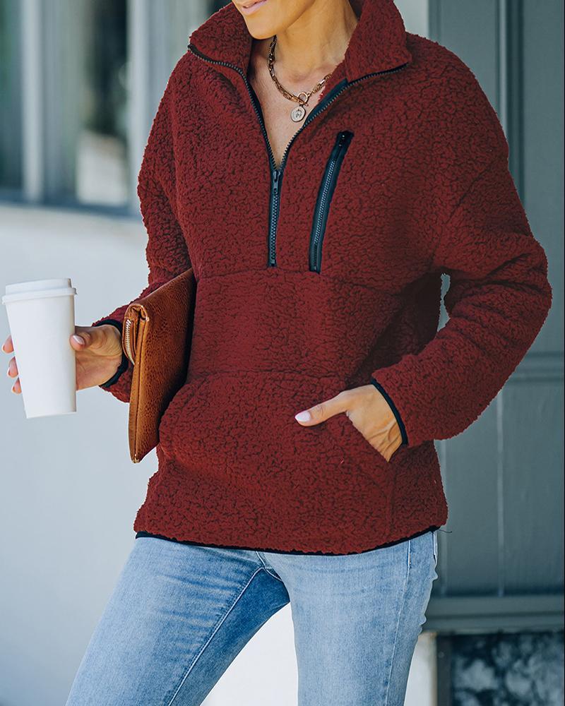 pocket zipper design high neck fluffy sweatshirt