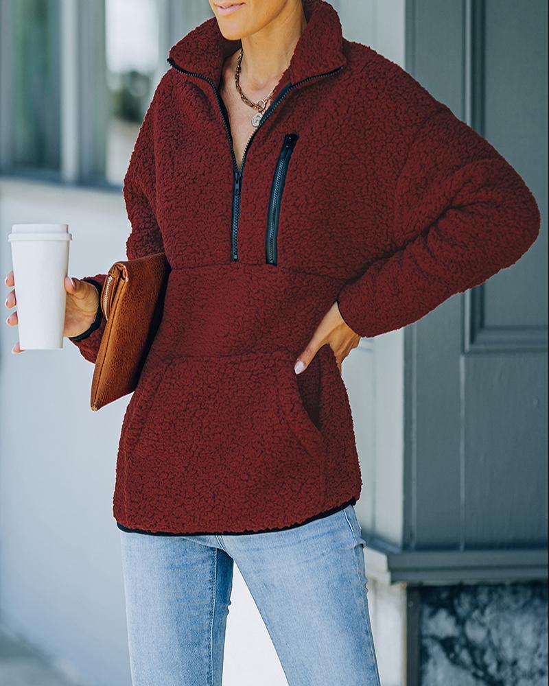 pocket zipper design high neck fluffy sweatshirt
