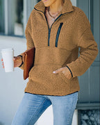 pocket zipper design high neck fluffy sweatshirt