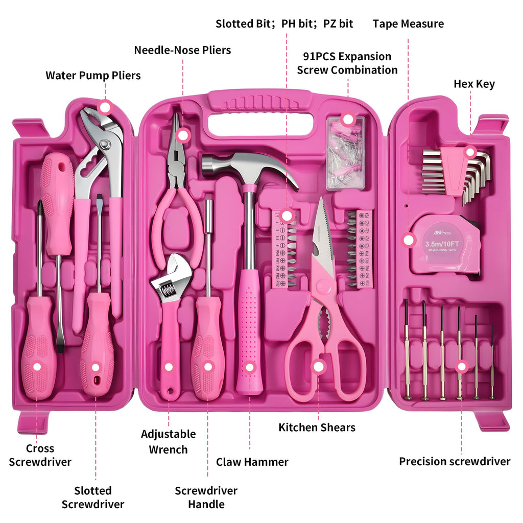Pink Tool Set for Women 136-Piece Small Tool Kit for Home Repairs | Household Toolbox Storafor Girl, Portable Hand Tool Kit for Home, Car Repair, Perfect Gift for Ladies