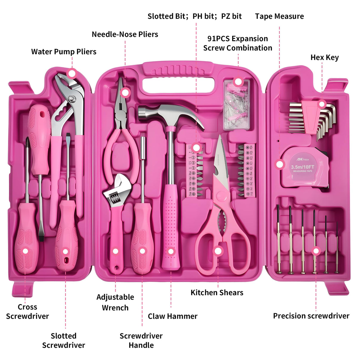 Pink Tool Set for Women 136-Piece Small Tool Kit for Home Repairs | Household Toolbox Storafor Girl, Portable Hand Tool Kit for Home, Car Repair, Perfect Gift for Ladies