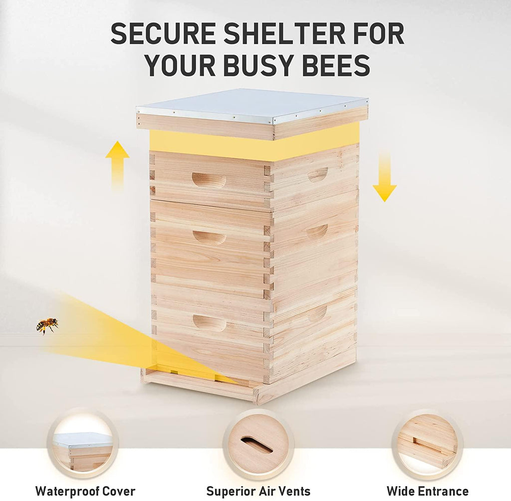 creworks bee hive with 10 medium &amp;20 deep honeycomb foundation frames, bee box for beekeeper starter, beekeeping supplies equipment tool, wood complete honey bee hives kit, 3 layer bees house box