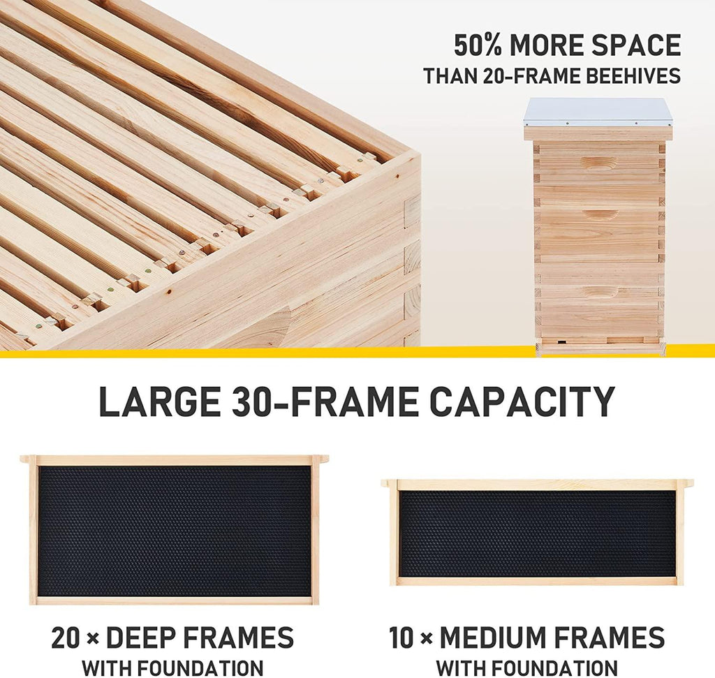 creworks bee hive with 10 medium &amp;20 deep honeycomb foundation frames, bee box for beekeeper starter, beekeeping supplies equipment tool, wood complete honey bee hives kit, 3 layer bees house box