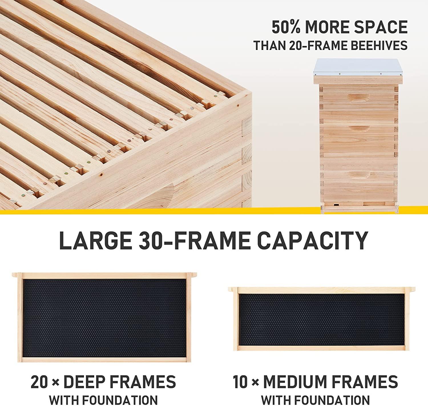 creworks bee hive with 10 medium &amp;20 deep honeycomb foundation frames, bee box for beekeeper starter, beekeeping supplies equipment tool, wood complete honey bee hives kit, 3 layer bees house box