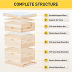 creworks bee hive with 10 medium &amp;20 deep honeycomb foundation frames, bee box for beekeeper starter, beekeeping supplies equipment tool, wood complete honey bee hives kit, 3 layer bees house box