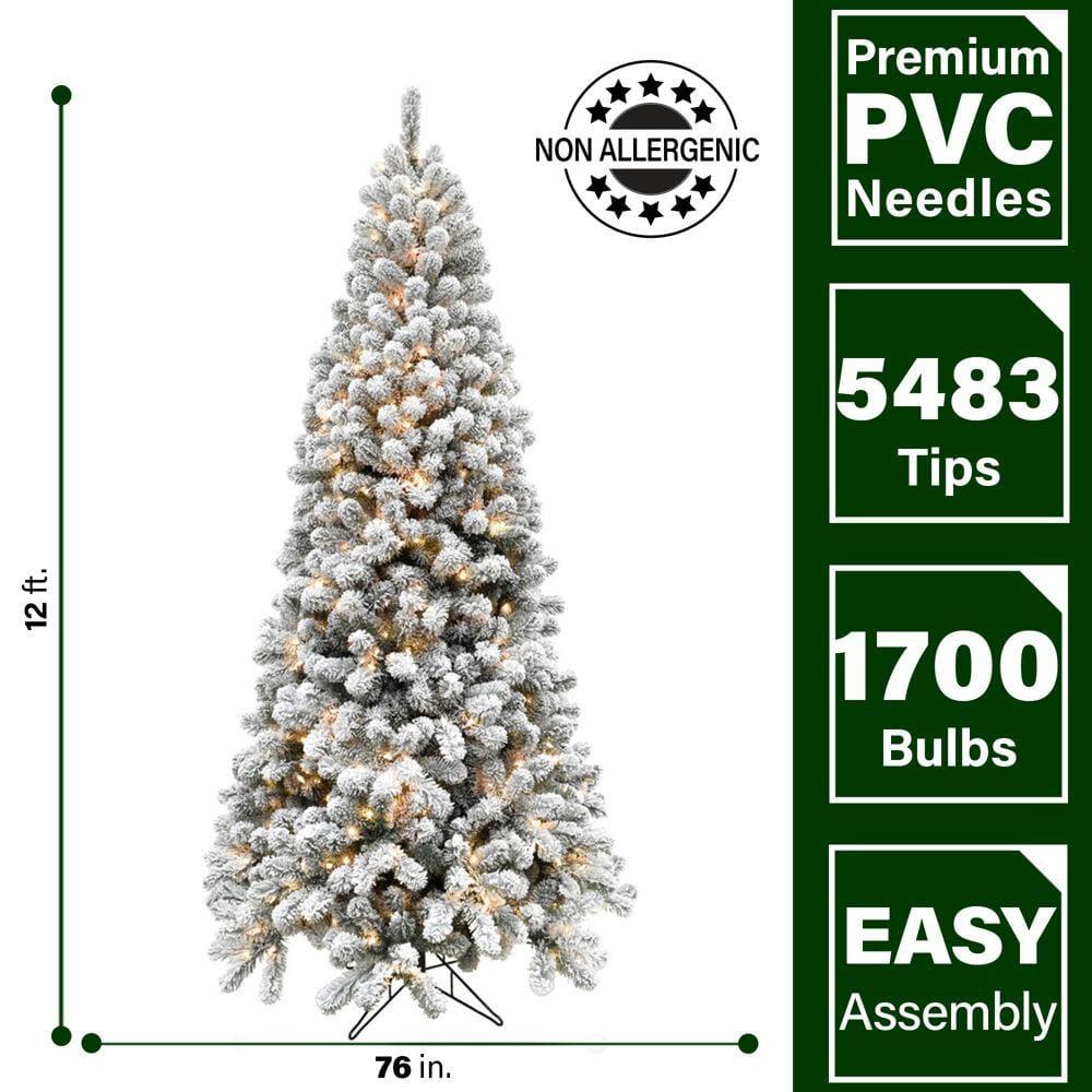 12 ft. Pre-Lit Flocked Akaskan Pine Artificial Christmas Tree with Smart String Lighting