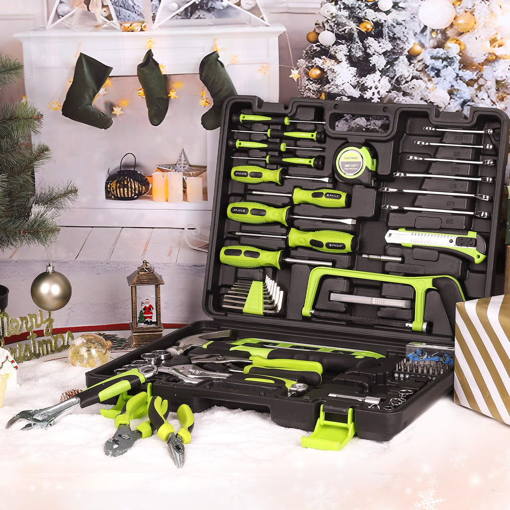 198-Piece Household Tool Set, Home Repairing Tool Set with Toolbox, SAE Mechanics Hand Tool Kit for DIY, Home Maintenance, Green