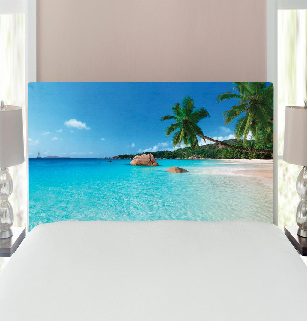 Ocean Headboard, Anse Lazio Beach at Praslin Island Surfing Beach Scenic View Travel, Upholstered Decorative Metal Bed Headboard with Memory Foam, Twin Size, Turquoise Blue Green, by Ambesonne