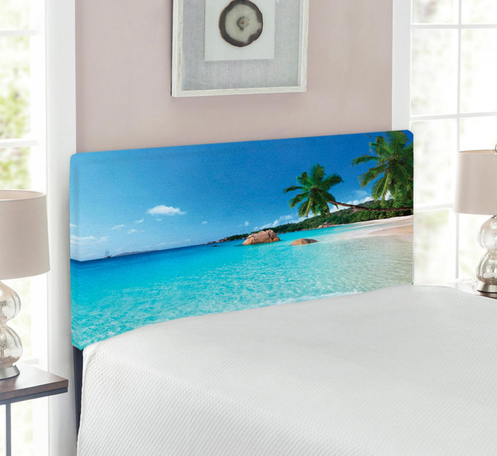 Ocean Headboard, Anse Lazio Beach at Praslin Island Surfing Beach Scenic View Travel, Upholstered Decorative Metal Bed Headboard with Memory Foam, Twin Size, Turquoise Blue Green, by Ambesonne
