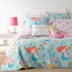 Levtex Home - Andrina Quilt Set -Twin Quilt + One Standard Pillow Sham - Mermaids in Pink, Peach, Turquoise, Yellow and Green - Quilt Size (68x86in) and Pillow Sham Size (26x20in)- Reversible - Cotton