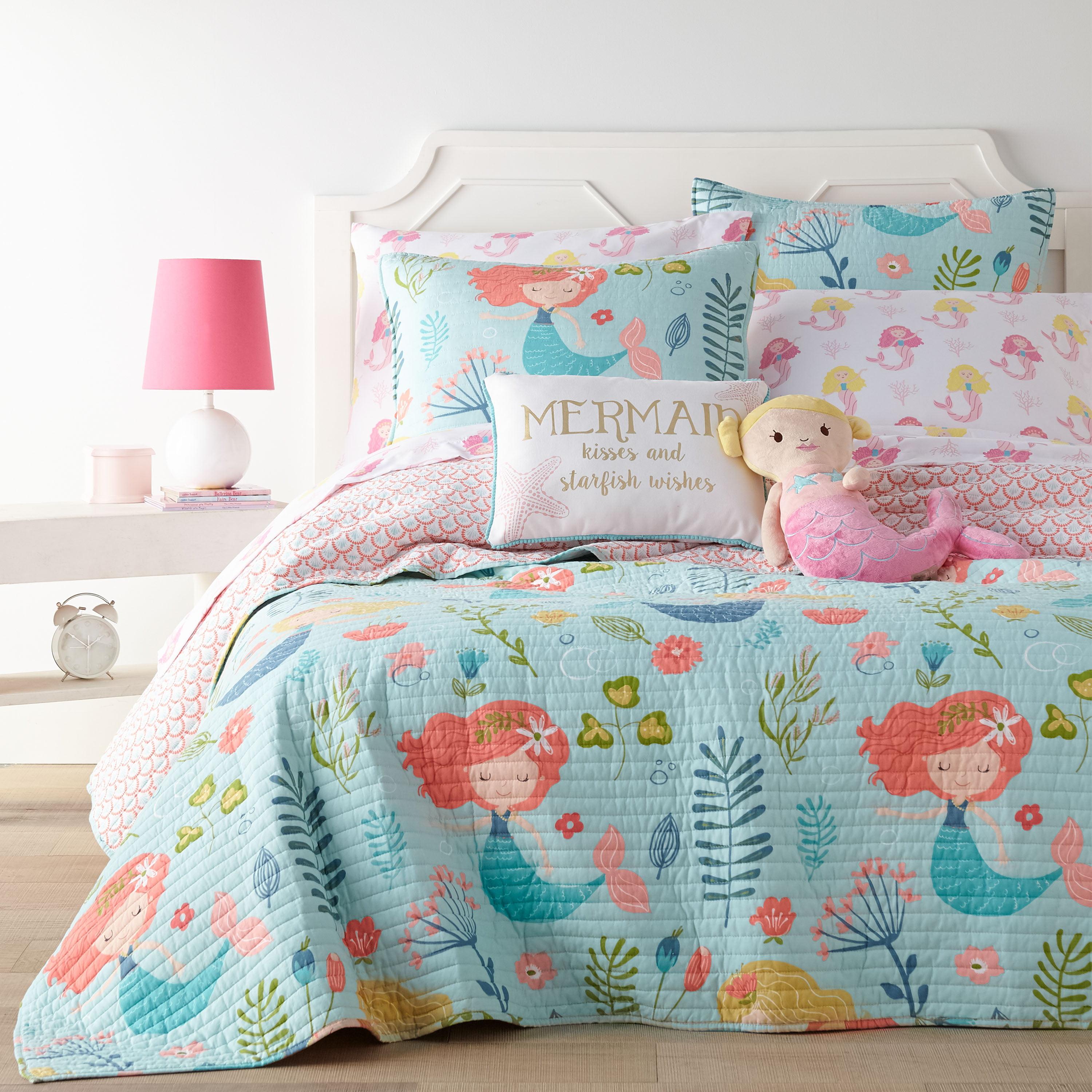 Levtex Home - Andrina Quilt Set -Twin Quilt + One Standard Pillow Sham - Mermaids in Pink, Peach, Turquoise, Yellow and Green - Quilt Size (68x86in) and Pillow Sham Size (26x20in)- Reversible - Cotton