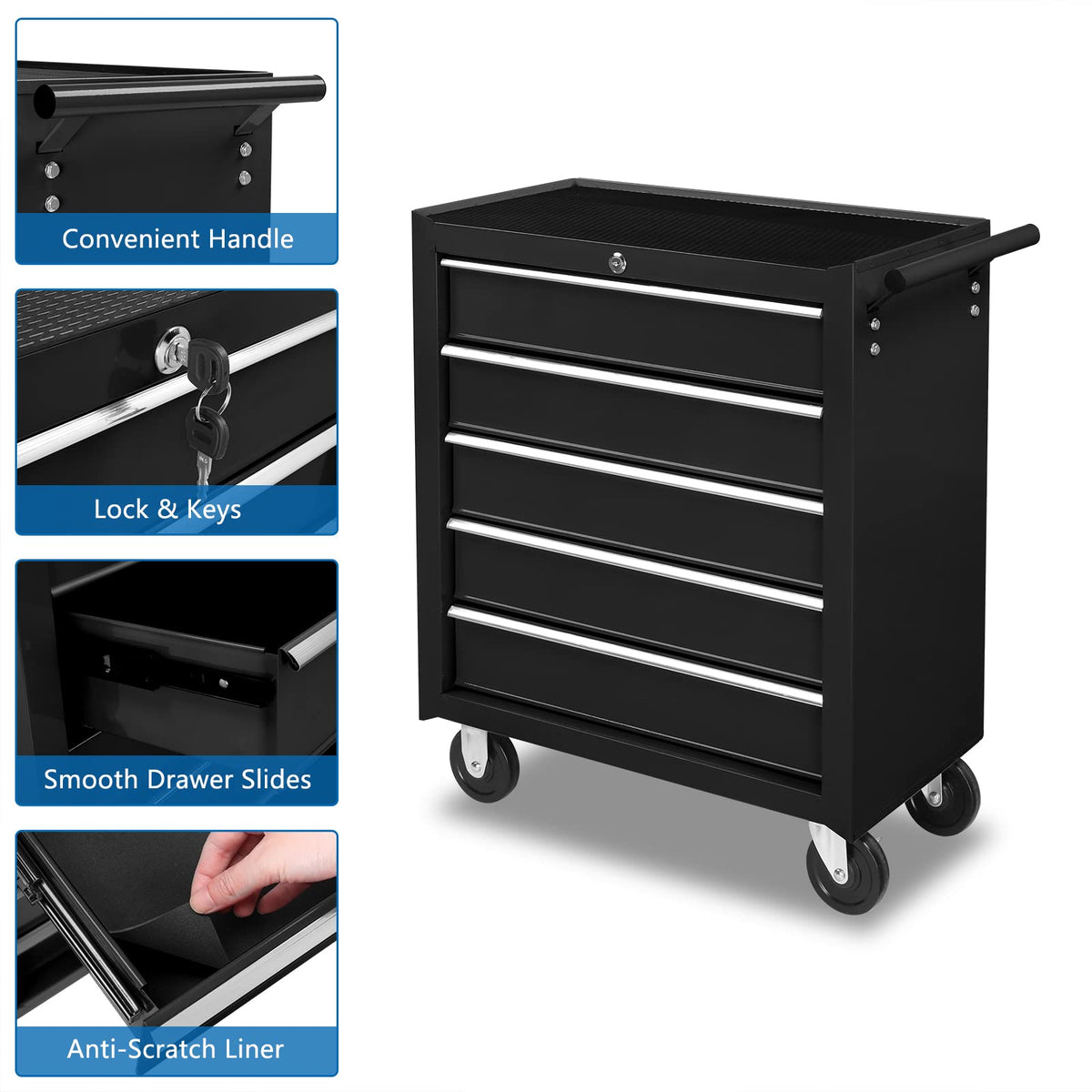 5-Drawer Rolling Tool Chest w/Drawers & Lock, Tool StoraCabinet with Lockable Wheels, Top Cushion & Drawer Liners, Tool Organizer Box for Garage, Warehouse & Repair Sho