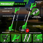 21V Electric Weed Wacker, Cordless Weed Eater Battery Powered, Lightweight Stringless Weed Trimmer with 2 Battery Operated &amp; Wheels, 4 in 1 Grass Trimmer/Brush Cutter/Lawn Edger/Mower for Garden Yard