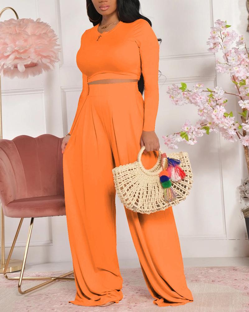 solid crop top &amp; wide leg pants set