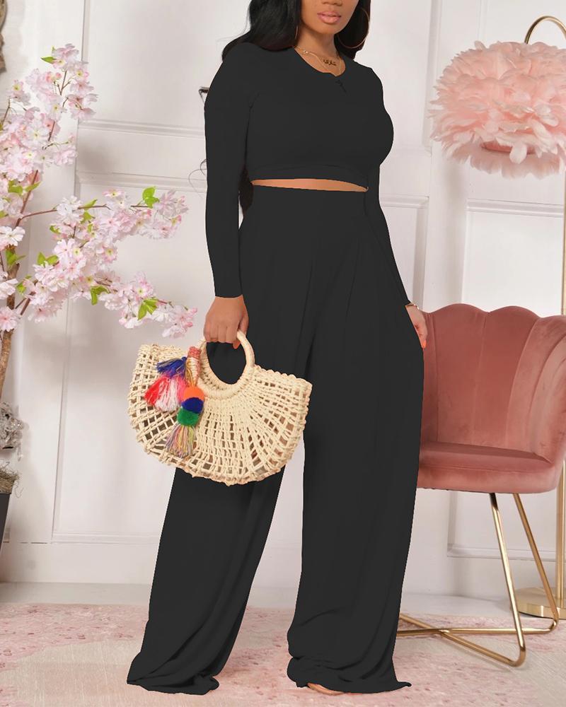 solid crop top &amp; wide leg pants set