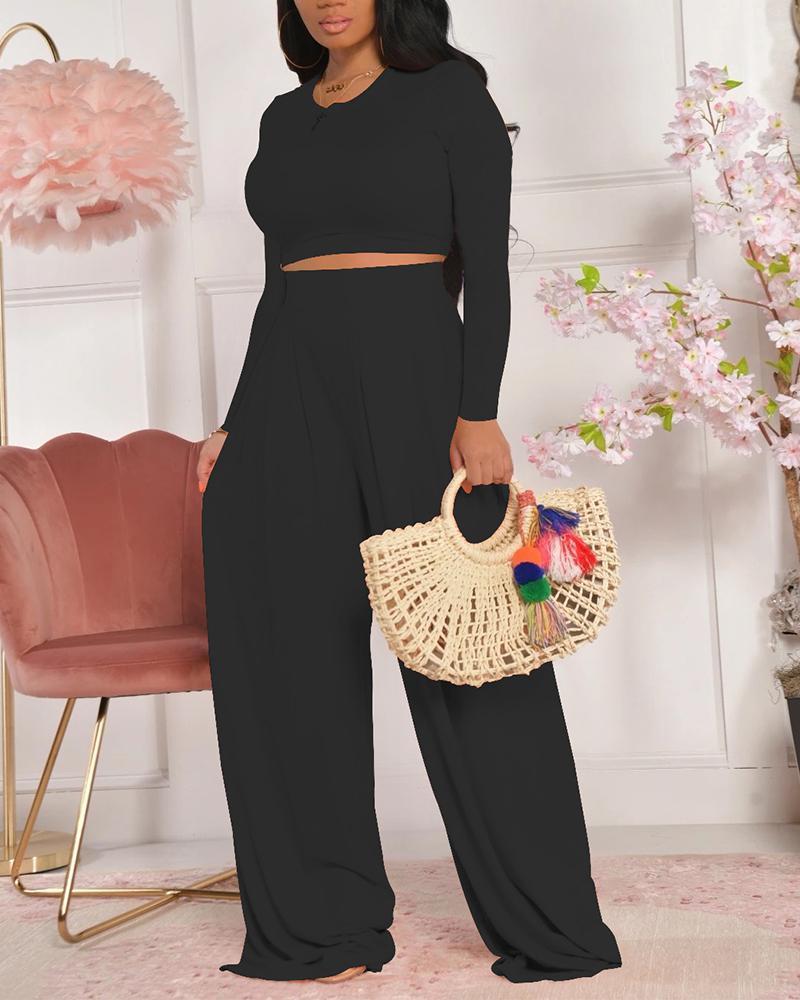 solid crop top &amp; wide leg pants set