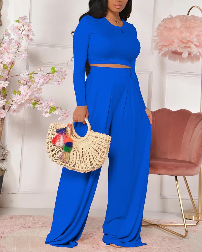 solid crop top &amp; wide leg pants set
