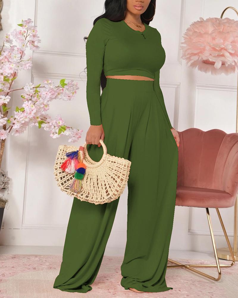solid crop top &amp; wide leg pants set