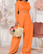 solid crop top &amp; wide leg pants set