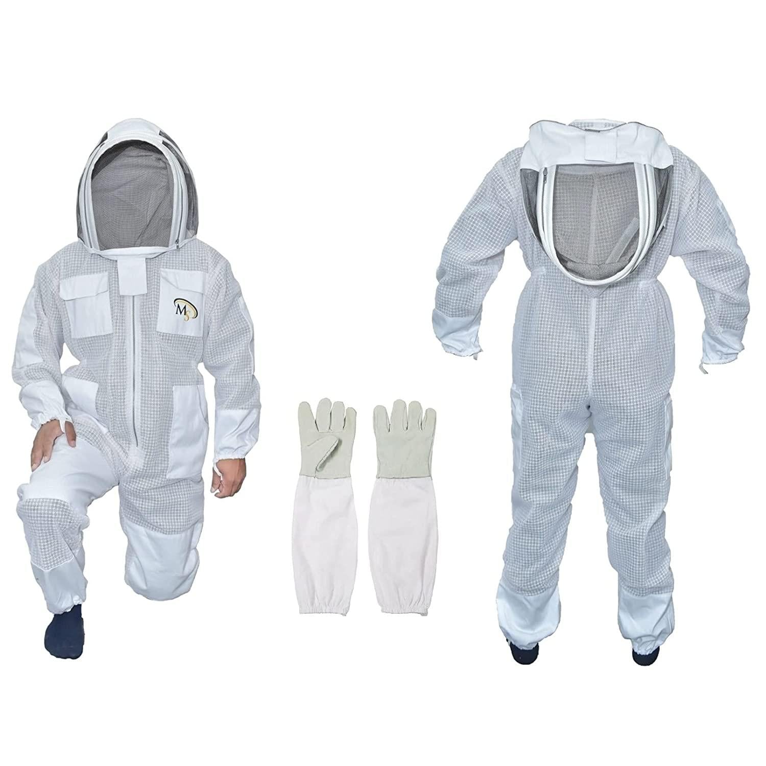 ms professional 3 layer bee suit apiarist ventilated beekeeper protective suit with one pair gloves apiary beekeeping suit bee sting proof suit with fencing veil (xxxx-large, white)
